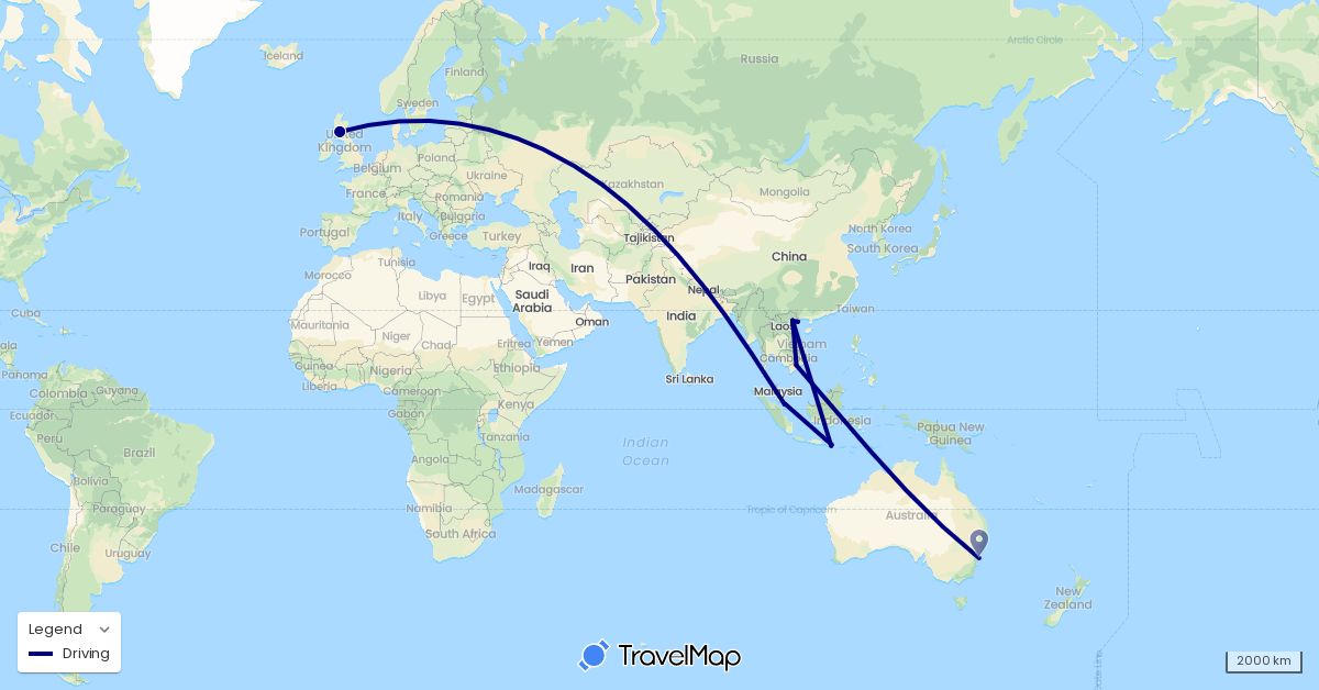 TravelMap itinerary: driving, plane in Australia, United Kingdom, Indonesia, Singapore, Vietnam (Asia, Europe, Oceania)